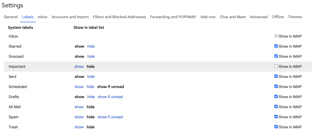 A screenshot showing Gmail's Settings. This shows the Labels section where the "Show in IMAP" toggle is turned off for the "Important" label.