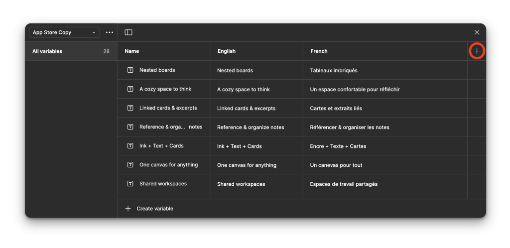 Figma's variable definition window, showing a row per variable, and a column per mode.