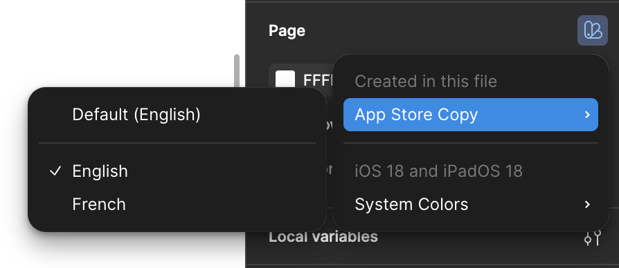 Figma's "Apply variable mode" button pressed, showing the menu to switch modes.